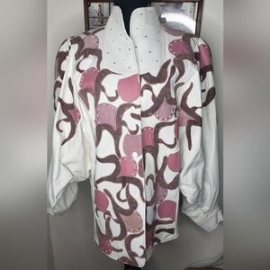VTG 80's Steven Cole Big Shoulder White Leather Jacket Suede Denim Applique Sz L